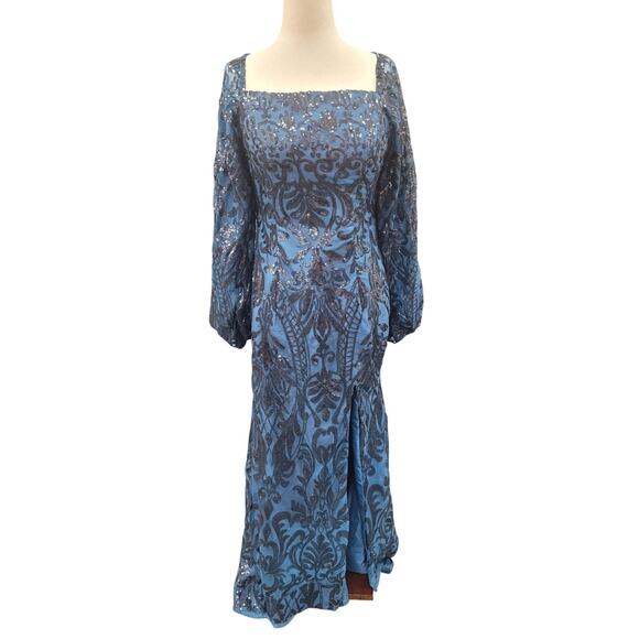 NWT Long Sleeved Patterned Sequin Gown in Blue - Picture 1 of 12